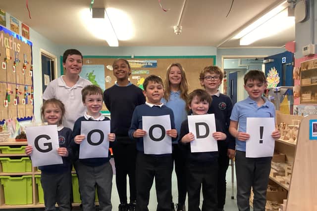 Pupils at Stoney Middleton Primary School celebrate a good rating from Ofsted. Pic submitted