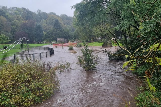 Heavy rain from Storm Babet has caused the River Wye has burst its banks and flooded Buxton's Ashwood Park. Photo Zoie Campbell