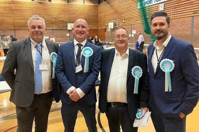 Reform Uk Winners. Left To Right, David Elsdon, Jamie Hodgson, Paul Parkin And Stephen Reed, At North East Derbyshire In The Derbyshire County Council Elections.