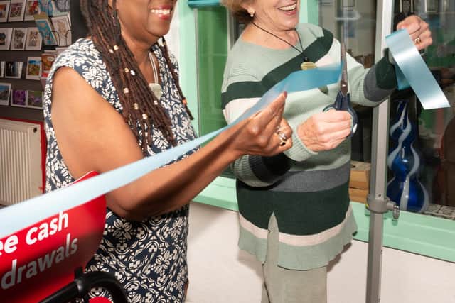 Former MP Edwina Currie cut the ribbon with new Tideswell Postmaster Denise Dupont-Higgins.