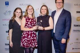 Buxton Opera House staff, Emily Jeeves, Allie Spencer, Kerry Allsop, and Tom Kershaw-Green at UK Theatre Awards after just winning the Excellence in Arts Education award. Photo Danny Kaan