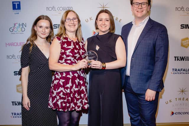 Buxton Opera House staff, Emily Jeeves, Allie Spencer, Kerry Allsop, and Tom Kershaw-Green at UK Theatre Awards after just winning the Excellence in Arts Education award. Photo Danny Kaan