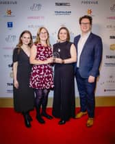 Buxton Opera House staff, Emily Jeeves, Allie Spencer, Kerry Allsop, and Tom Kershaw-Green at UK Theatre Awards after just winning the Excellence in Arts Education award. Photo Danny Kaan