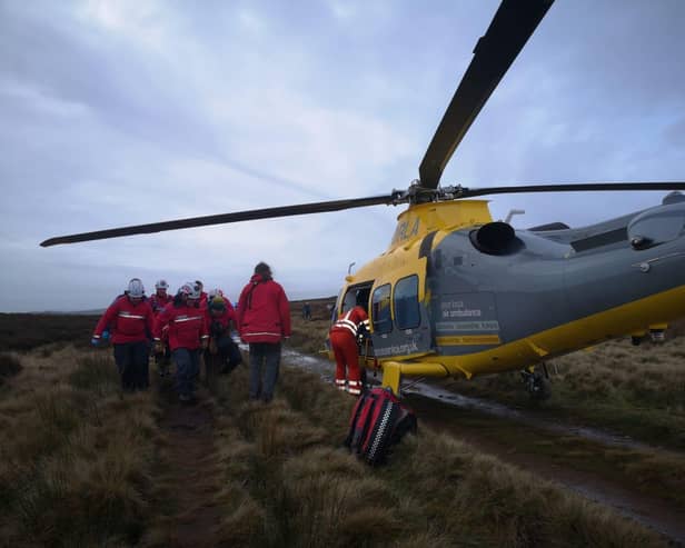 A Peak District walker was airlifted to hospital after an chance encounter with a small herd of cows left her with a ‘nasty open leg fracture’. Photo Edale Mountain Rescue
