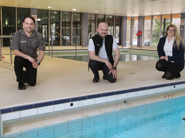 Manager Leigh White with colleagues Liam McWee and Elise Evans as Buxton Pool and Fitness Centre celebrates its 50th anniversary.