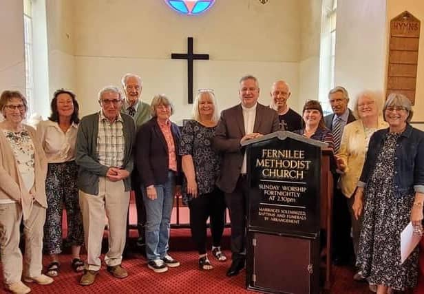 Parishioners saying a fond farewell to Rev Keith Sandow who is leaving the High Peak after 10 years and relocating to Jersey. Photo Donna Hodgson