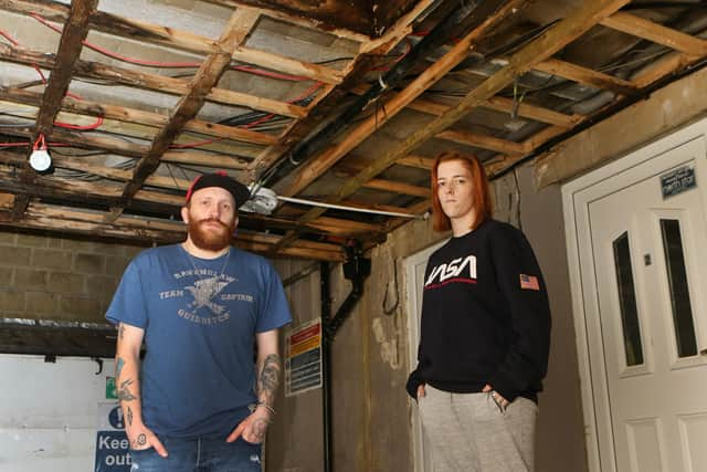 Karl Gregory and Alice Statham exposed ceiling in the  communal area of the flats