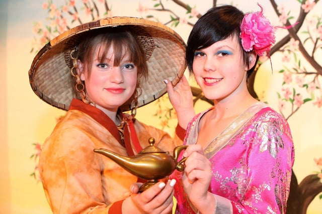 Aladdin and the Princess, Sophie Dillon and Camiila Parker all ready for the Youlgrave panto. Photo Jason Chadwick