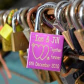 Some of the love locks left over the years on Weir Bridge at Bakewell.