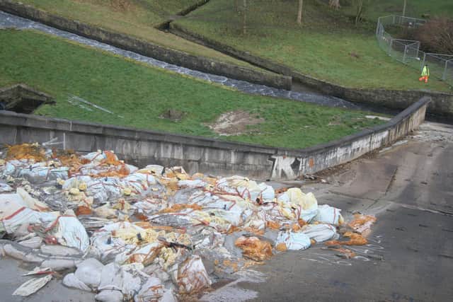 Sandbags at Toddbrook Reservoir, Whaley Bridge