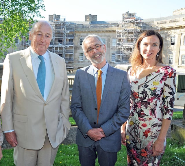 Liz Mackenzie with the Duke of Devonshire and Buxton Crescent Heritage Trust Chairman James Berresford