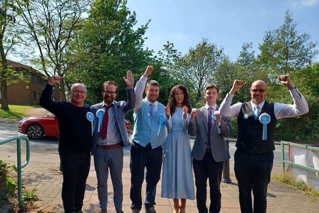 Reform UK's six South Derbyshire councillors on Derbyshire County Council celebrating in Swadlincote. Image from Eddie Bisknell