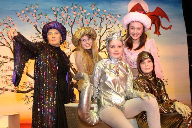 Pauline Dinsdale, Olivia Housley, Jade Shinwell, Ella Parker and Dilys Morgan in the Youlgrave panto more than a decade ago. Photo Jason Chadwick