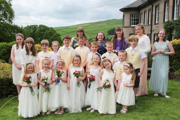 The Wildboarclough Rose Queen Fete royal retinue from 2022. Pic submit