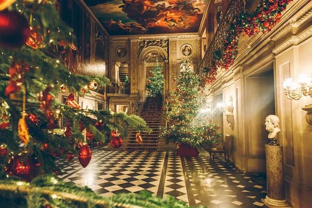 Chatsworth's House's Painted Hall in its festive splendour. Photo by Chatsworth House Trust.