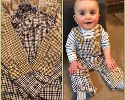Judith wanted to make something special for son, Ronnie, out of a couple of his grandad’s clothes. She used two of his shirts to make a pair of dungarees.