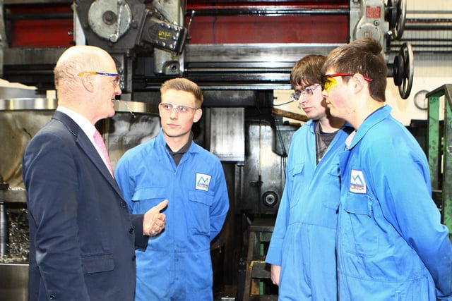 Skills Minister David Willetts MP met apprentices Jordan Vaughan, Oliver Greaves and Liam Hurling in 2013. Photo Jason Chadwick