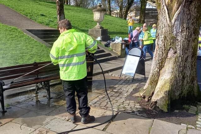 During the Big Spring Clean benches around Buxton were pressure washed clean. Pic Buxton Town Team