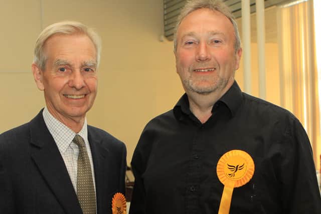 Councillor David Lomax, right, with High Peak Liberal Democrats president Barrie Taylor in 2013