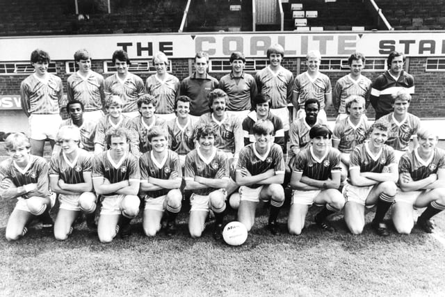 Chesterfield's squad ahead of the 1983/84 season. P Brown, D Layne, P Richardson, J Morrisroe, M Hoskin, A Haywood, L robinson, A Shone and S Taylor; Middle W White, S Spooner, M Gooding, S Waddington, S Baines, J Duncan, C Plumer, A Birch, B Klug; Bl-r: J Clayton, M Henderson, B Scrimgeour, S Kendall, P Gregory, J Brown, G Bellamy, J Partridge, S O Neill and K Randall