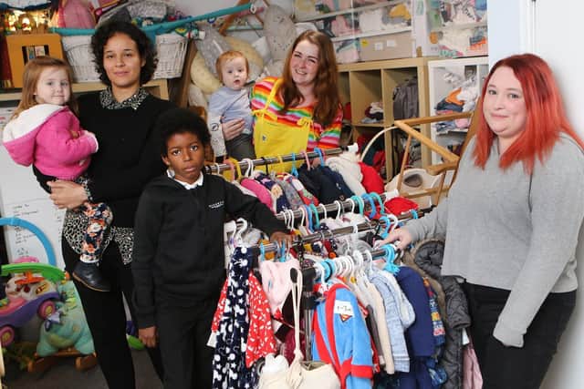 Baby bank, Kirsty Lownds with Rufus and Willow, Carla and Angelo Palmer and Zoie Campbell