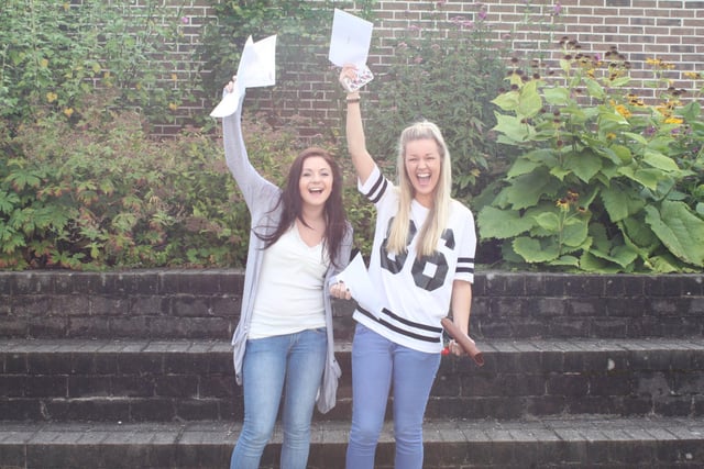 Hannah Crosland and Katie Ayrton, of New Mills School, celebrated their A-levels results in 2013. Pic New Mills School