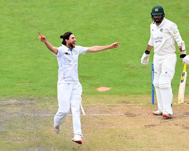 Fynn Hudson-Prentice finished with career-best figures of five for 68 during Derbyshire's heavy defeat. (Photo by Ross Kinnaird/Getty Images)