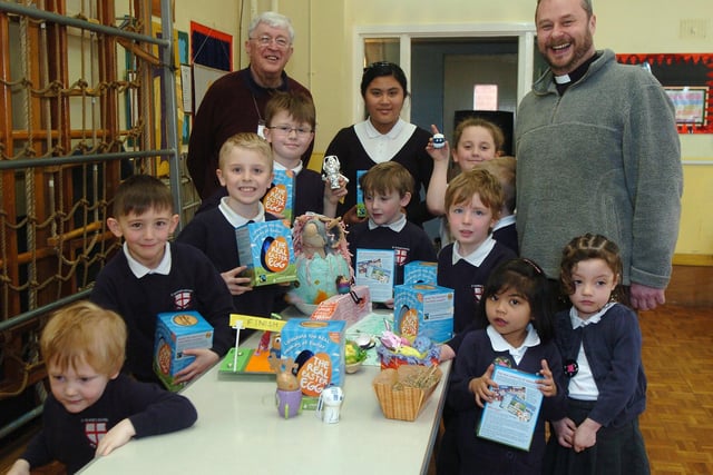 2013 - The winners of the Easter egg competition at St Georges Primary New Mills with judges David Wellings and Fr John Baines