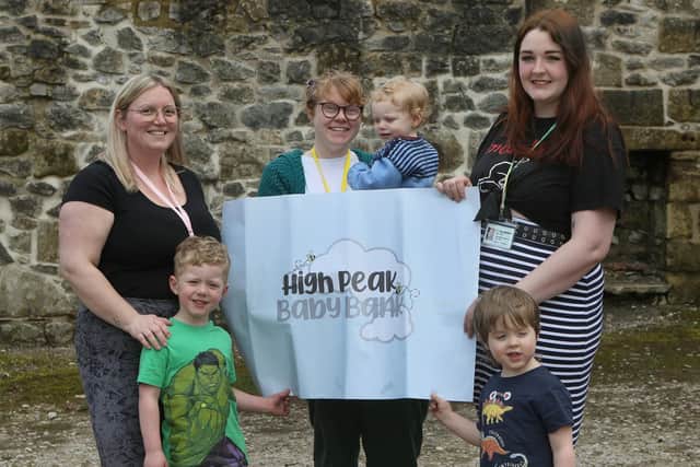High Peak Baby Bank campaigners Leanne Heath, Laura Cooper and Kirsty Jackson with Arthur, Charlotte and Rufus. Photo Jason Chadwick