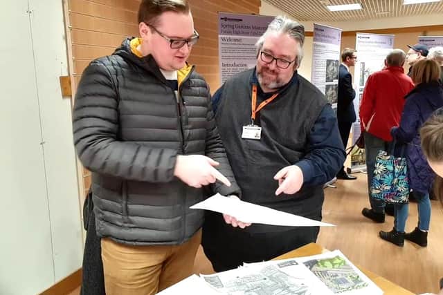 Councillors Damien Greenhalgh and Anthony McKeown view FHSF proposals at a public exhibition
