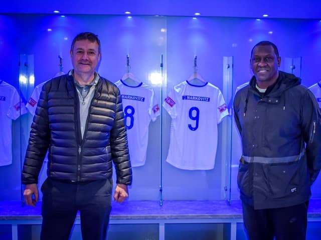 Buxton FC Chairman Dave Hopkins with Emile Heskey.