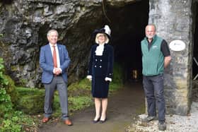 Peter Phillipson (Chair of Board of Directors at Buxton Civic Association), Louise Potter, High Sheriff of Derbyshire, and Alan Walker (General Manager of Poole's Cavern)