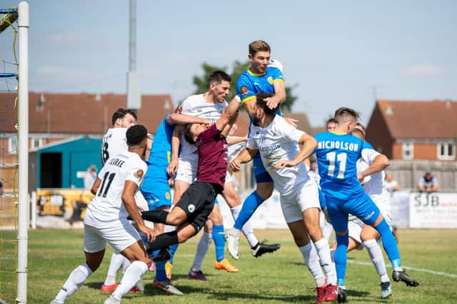 Aerial action from Buxton's draw at Peterborough Sports. Pictures by James Richardson Photography.