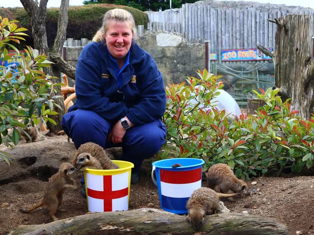 Drusillas Park’s Gemma Romanis with the 'mystic meerkats'.