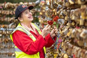 Thornbridge Estate owner, Emma Harrison adds decorates the Love Locker with some metal red roses,