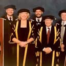 Ian Bunting, Meg Munn- deputy chair board of governors, Matt Dooley, Sir Chris Husbands -Vice Chancellor, Keith Montgomery at Sheffield Hallam University after the Peak District Mountain Rescue Organisation was given an honorary doctorate. Pic submitted.