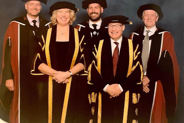 Ian Bunting, Meg Munn- deputy chair board of governors, Matt Dooley, Sir Chris Husbands -Vice Chancellor, Keith Montgomery at Sheffield Hallam University after the Peak District Mountain Rescue Organisation was given an honorary doctorate. Pic submitted.