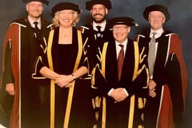 Ian Bunting, Meg Munn- deputy chair board of governors, Matt Dooley, Sir Chris Husbands -Vice Chancellor, Keith Montgomery at Sheffield Hallam University after the Peak District Mountain Rescue Organisation was given an honorary doctorate. Pic submitted.