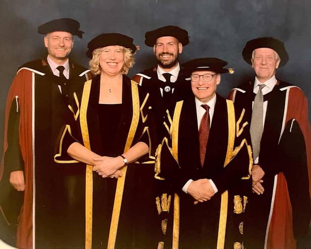 Ian Bunting, Meg Munn- deputy chair board of governors, Matt Dooley, Sir Chris Husbands -Vice Chancellor, Keith Montgomery at Sheffield Hallam University after the Peak District Mountain Rescue Organisation was given an honorary doctorate. Pic submitted.