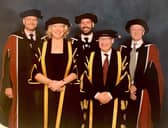 Ian Bunting, Meg Munn- deputy chair board of governors, Matt Dooley, Sir Chris Husbands -Vice Chancellor, Keith Montgomery at Sheffield Hallam University after the Peak District Mountain Rescue Organisation was given an honorary doctorate. Pic submitted.