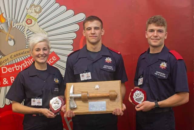 Imogen Trinder, left, with fellow award-winning Derbyshire firefighters Adam Mears and Christopher Day.