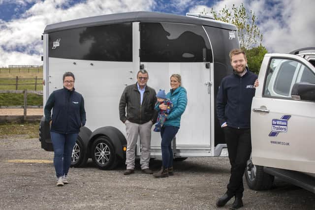 From left, Eleasha Sallis of Country Alliance, Chris Firth, Abi Firth and baby Harry with Dafydd Jones from Ifor Williams Trailers. (Photo: Mandy Jones)