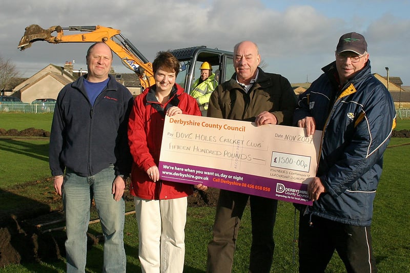 County councillor Tracey Critchlow presents £1500 to help Dove Holes Cricket Club with its drainage works. With committee members Dave Wilshaw, Dave Scowen and groundsman Andy Gould.