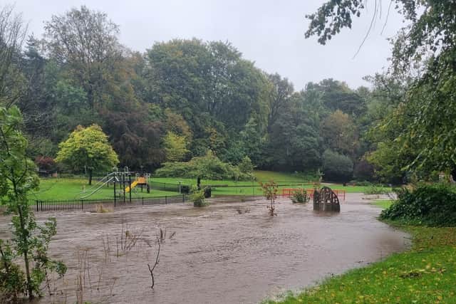 Heavy rain from Storm Babet has caused the River Wye has burst its banks and flooded Buxton's Ashwood Park. Photo Zoie Campbell