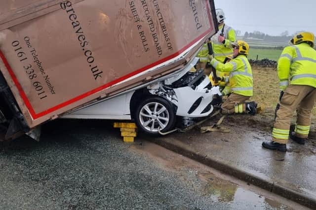 Police have released images showing this 'near death' experience for the occupants of this car on the A6 near Buxton today. Photo - Derbyshire Roads Policing Unit