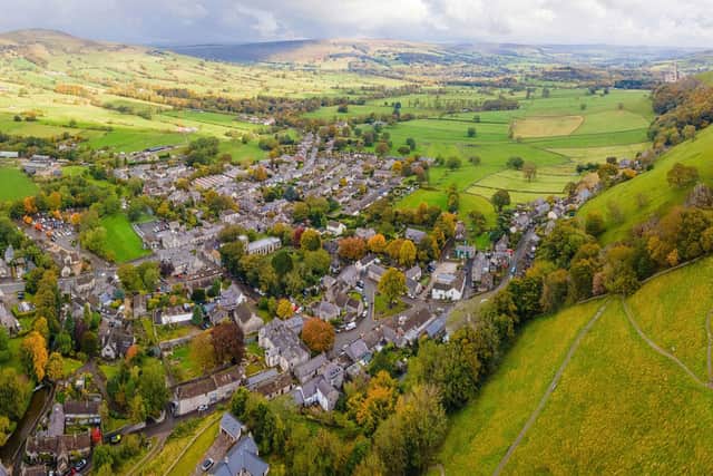 Aerial view of Peveril Castle ruins in Castleton in Peak District, England, UK