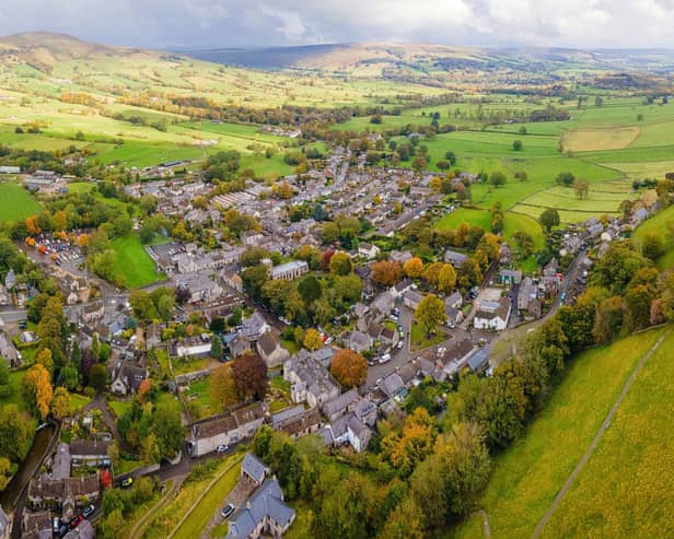 Aerial view of Peveril Castle ruins in Castleton in Peak District, England, UK