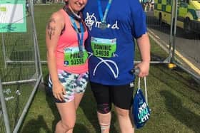 "Tired but happy": Dom Hunter and Phoebe Pembleton after they had crossed the finish line.