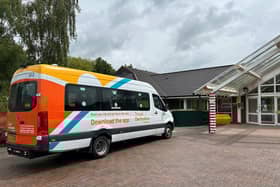 The trial Demand Responsive Transport service van, operated by Derbyshire Community Transport, parked outside Chesterfield Royal Hospital.