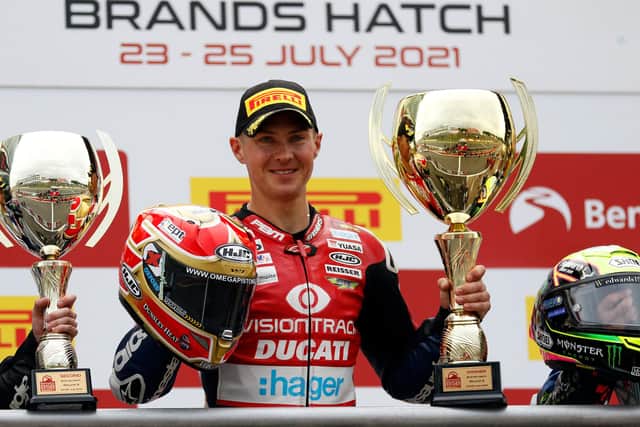 Christian Iddon with his trophy at Brands Hatch. Photo: Mike Petch.